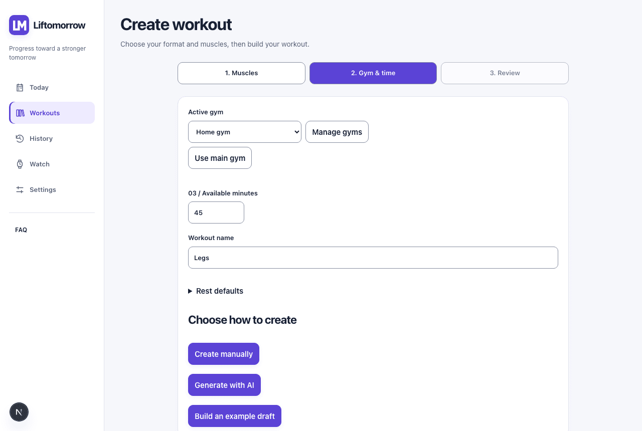 Workout builder showing a session focused on Chest and Legs, ready to continue to the gym step.